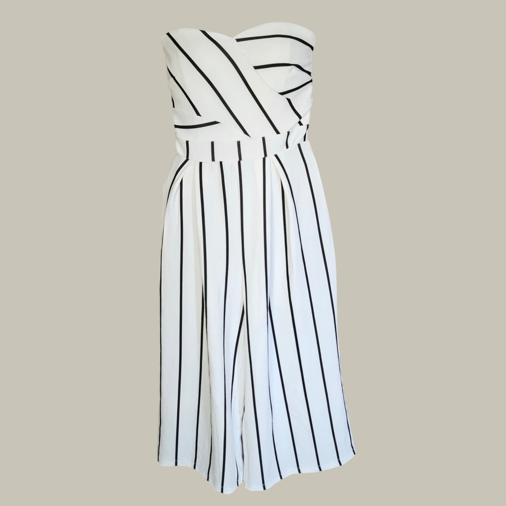 Venus Jumpsuit Women Small White Black Striped Strapless Wide Leg Sweetheart New
